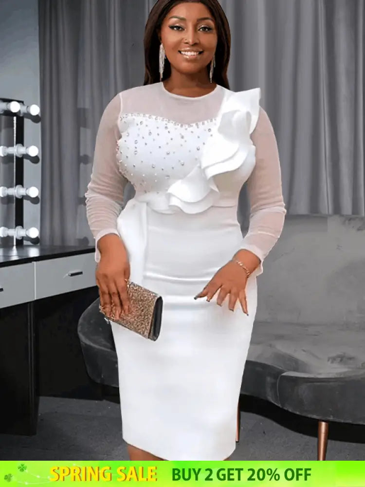 AOMEI Mesh Patchwork Beading Ruffle Dress Midi