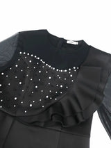 AOMEI Mesh Patchwork Beading Ruffle Dress Midi