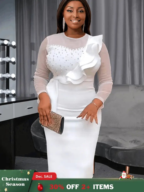 AOMEI Mesh Patchwork Beading Ruffle Dress Midi