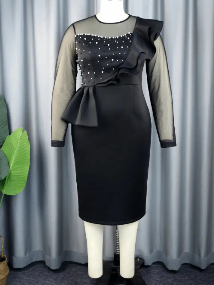 AOMEI Mesh Patchwork Beading Ruffle Dress Midi