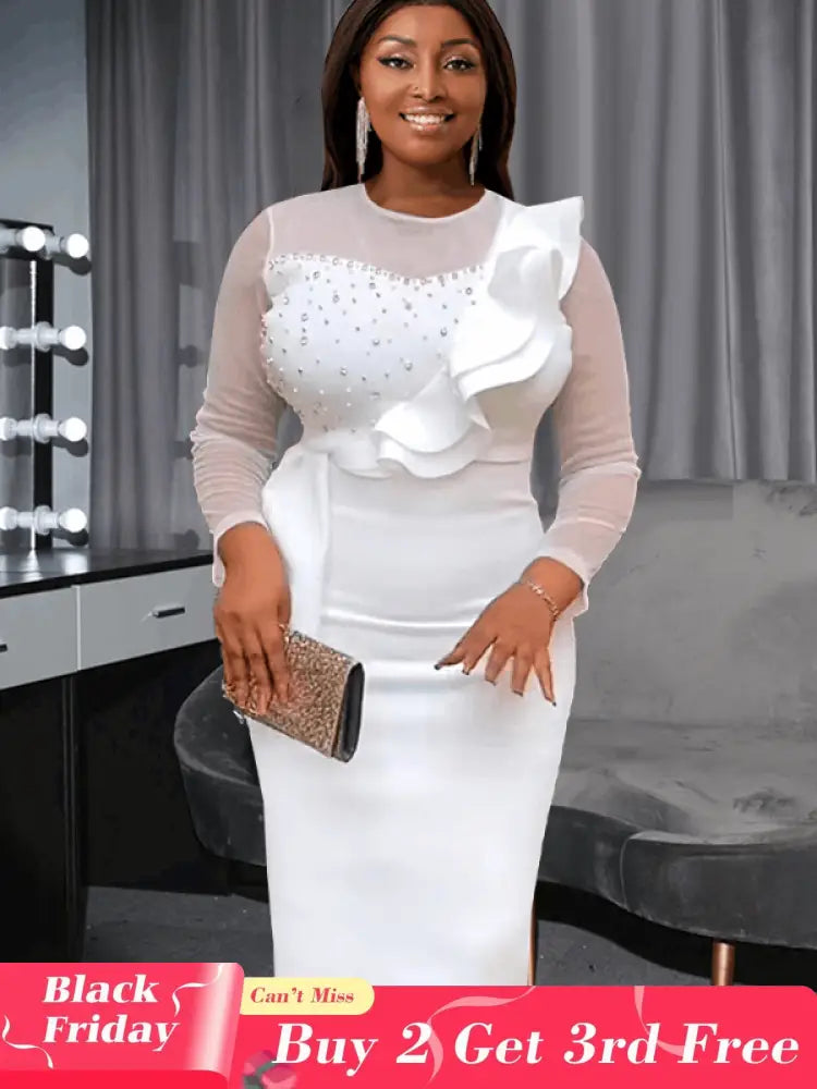 AOMEI Mesh Patchwork Beading Ruffle Dress Midi