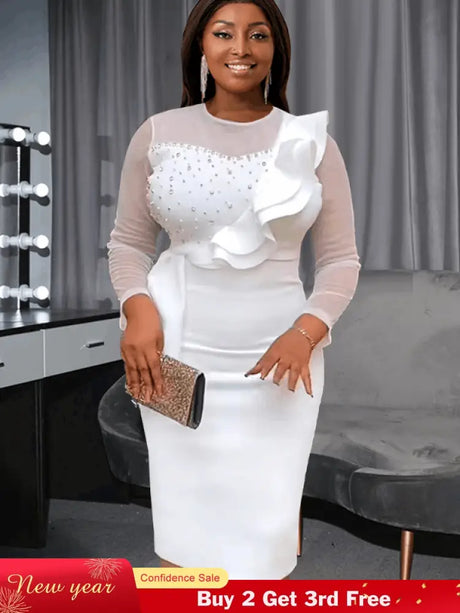 AOMEI Mesh Patchwork Beading Ruffle Dress Midi