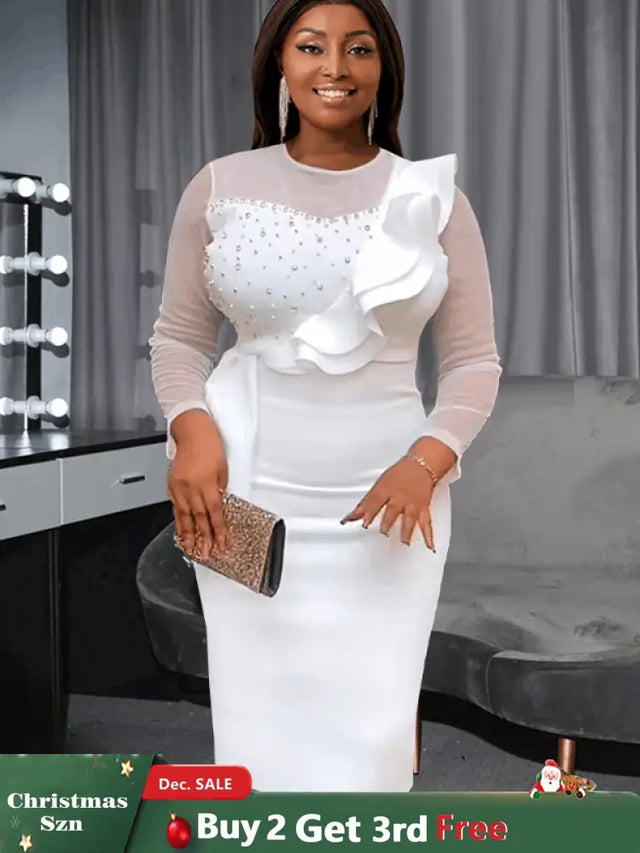 AOMEI Mesh Patchwork Beading Ruffle Dress Midi