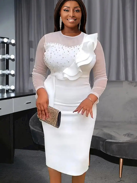 AOMEI Mesh Patchwork Beading Ruffle Dress Midi White / L