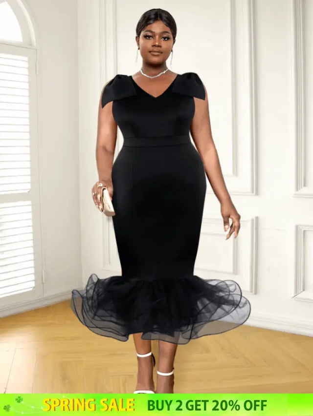 AOMEI Midi Sleeveless Bow V Neck Mermaid Dress