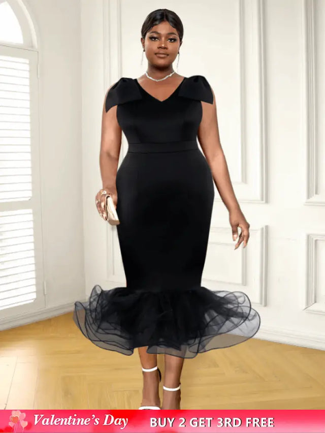 AOMEI Midi Sleeveless Bow V Neck Mermaid Dress