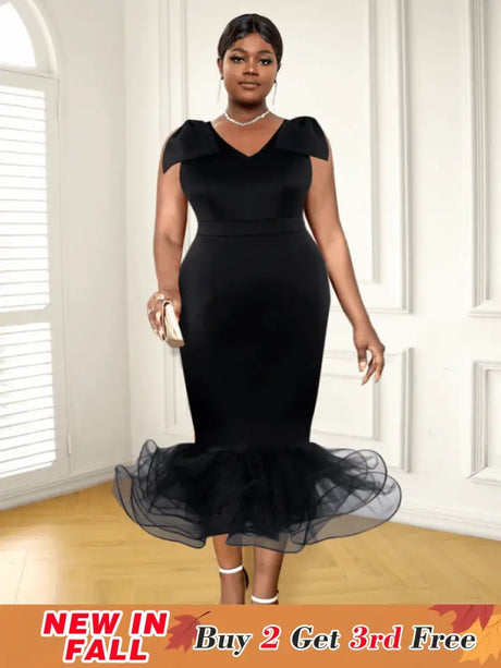 AOMEI Midi Sleeveless Bow V Neck Mermaid Dress