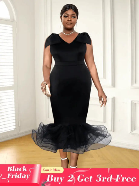 AOMEI Midi Sleeveless Bow V Neck Mermaid Dress