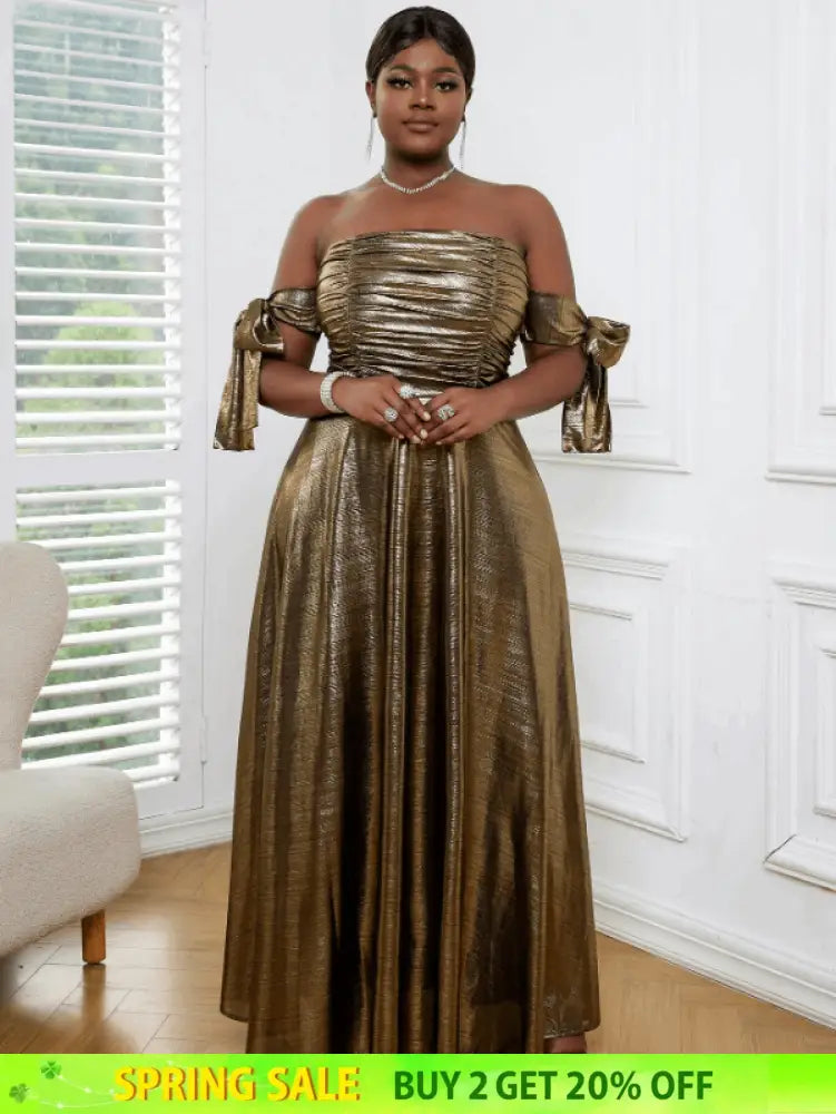 AOMEI Off Shoulder Gold Maxi Dress
