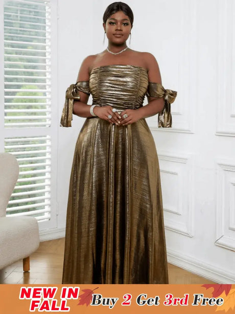 AOMEI Off Shoulder Gold Maxi Dress