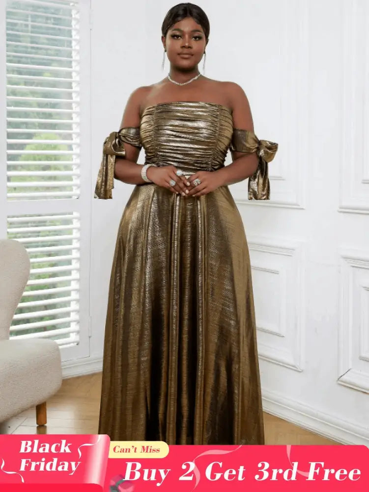 AOMEI Off Shoulder Gold Maxi Dress