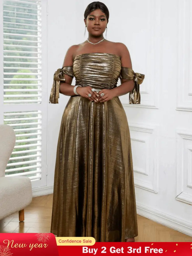 AOMEI Off Shoulder Gold Maxi Dress