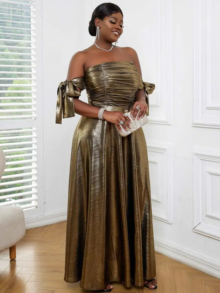 AOMEI Off Shoulder Gold Maxi Dress