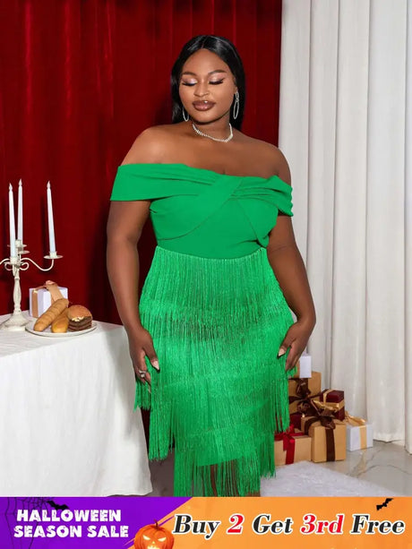 AOMEI Off Shoulder Green Fringe Christmas Dress