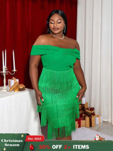 AOMEI Off Shoulder Green Fringe Christmas Dress