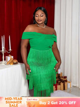 AOMEI Off Shoulder Green Fringe Christmas Dress