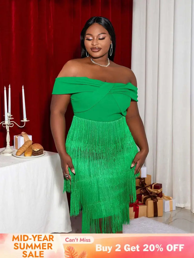 AOMEI Off Shoulder Green Fringe Christmas Dress