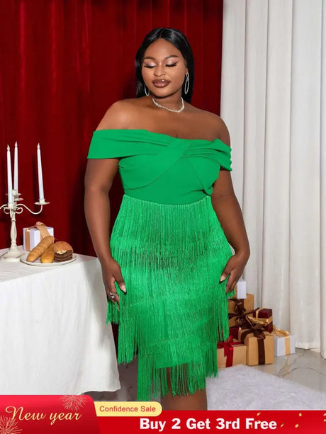 AOMEI Off Shoulder Green Fringe Christmas Dress