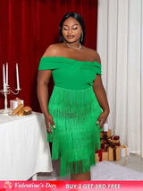 AOMEI Off Shoulder Green Fringe Christmas Dress