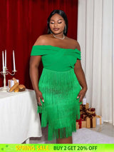 AOMEI Off Shoulder Green Fringe Christmas Dress