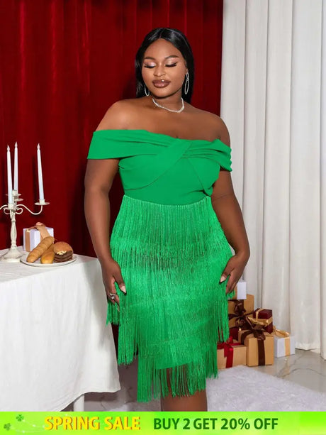 AOMEI Off Shoulder Green Fringe Christmas Dress