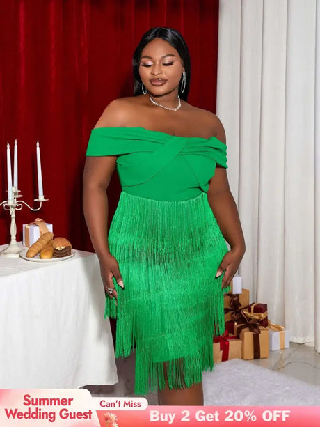AOMEI Off Shoulder Green Fringe Christmas Dress