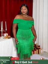 AOMEI Off Shoulder Green Fringe Christmas Dress