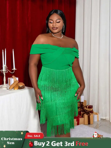 AOMEI Off Shoulder Green Fringe Christmas Dress