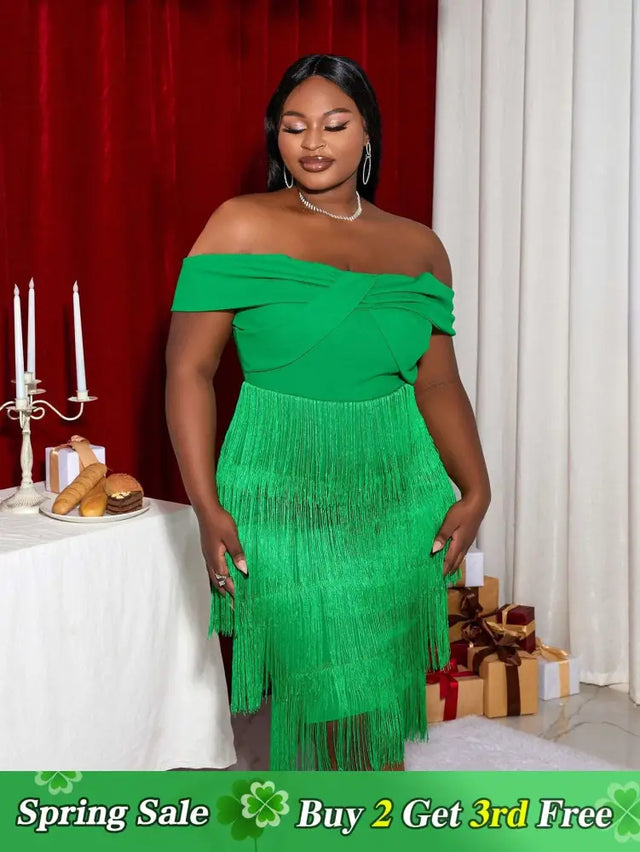 AOMEI Off Shoulder Green Fringe Christmas Dress