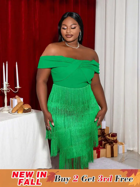 AOMEI Off Shoulder Green Fringe Christmas Dress