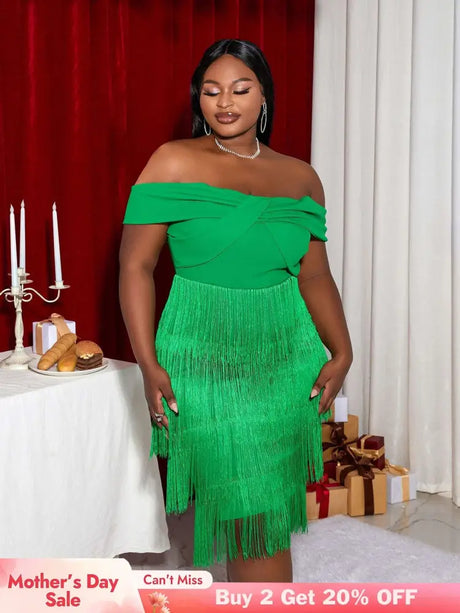AOMEI Off Shoulder Green Fringe Christmas Dress