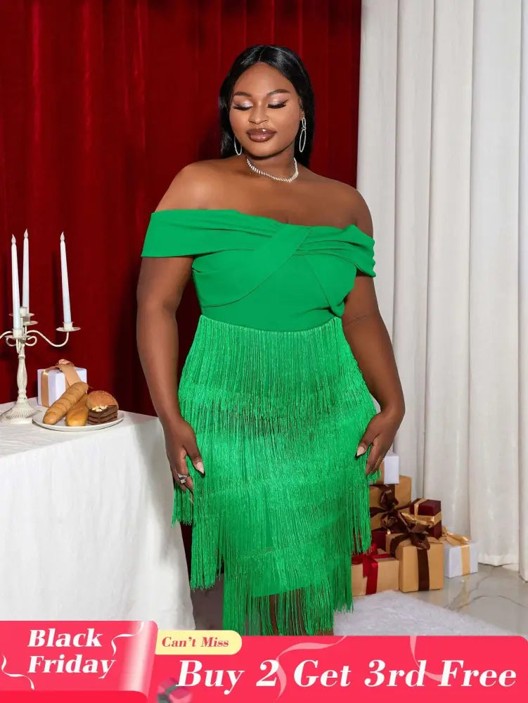 AOMEI Off Shoulder Green Fringe Christmas Dress
