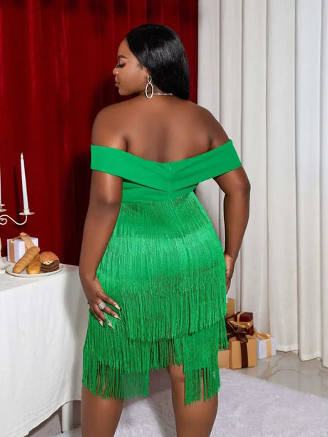 AOMEI Off Shoulder Green Fringe Christmas Dress