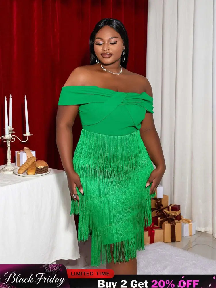 AOMEI Off Shoulder Green Fringe Christmas Dress