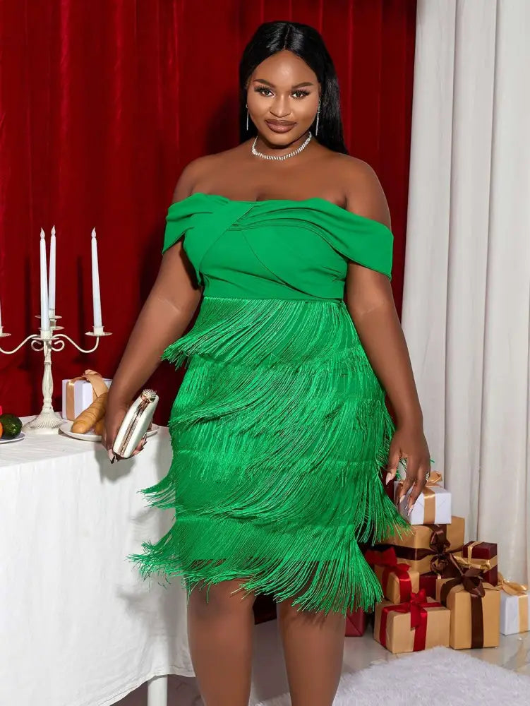 AOMEI Off Shoulder Green Fringe Christmas Dress