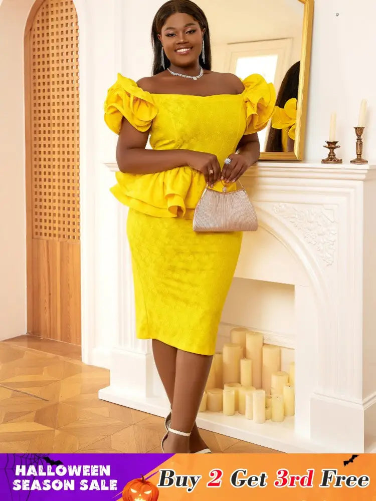 AOMEI Off Shoulder Ruffles Patchwork Dresses Fashion Bodycon Lace Midi Yellow Yellow / S