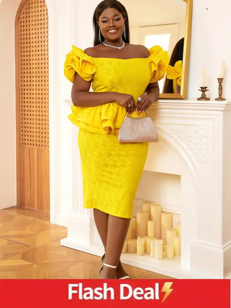 AOMEI Off Shoulder Ruffles Patchwork Dresses Fashion Bodycon Lace Midi Yellow Yellow / S