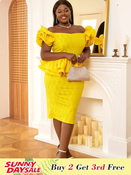 AOMEI Off Shoulder Ruffles Patchwork Dresses Fashion Bodycon Lace Midi Yellow Yellow / S