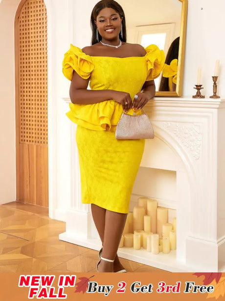 AOMEI Off Shoulder Ruffles Patchwork Dresses Fashion Bodycon Lace Midi Yellow Yellow / S