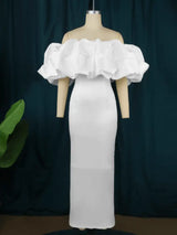 AOMEI Off Shoulder Ruffles White Christmas Party Dress