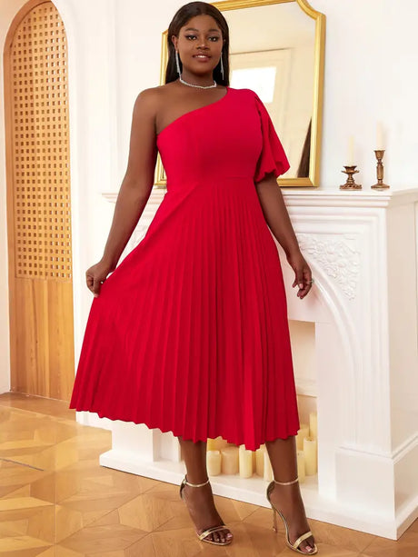 AOMEI One Shoulder Lantern Sleeve Pleated Dress Midi Red / 3XL