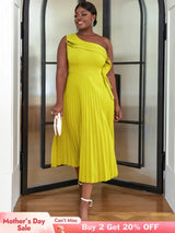 AOMEI One Shoulder Light Green Pleated Dresses Midi