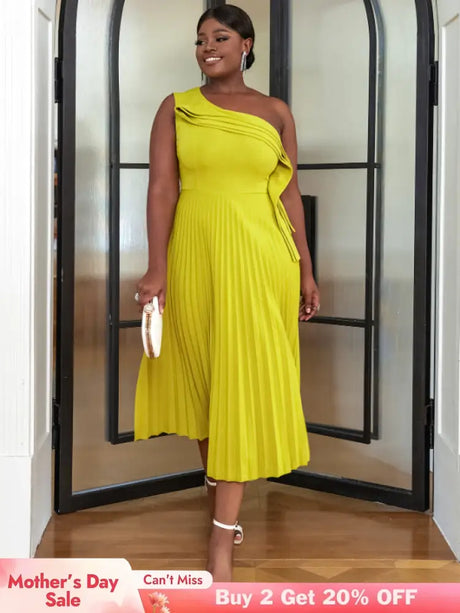 AOMEI One Shoulder Light Green Pleated Dresses Midi
