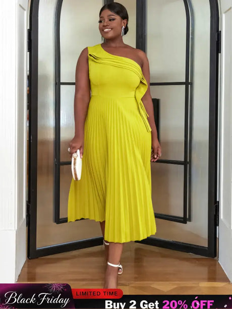 AOMEI One Shoulder Light Green Pleated Dresses Midi