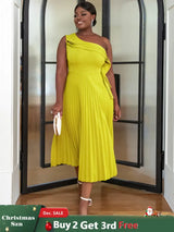 AOMEI One Shoulder Light Green Pleated Dresses Midi