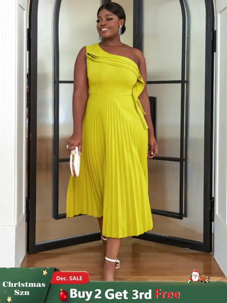 AOMEI One Shoulder Light Green Pleated Dresses Midi