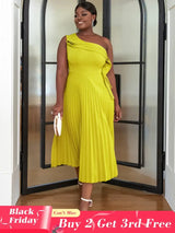 AOMEI One Shoulder Light Green Pleated Dresses Midi