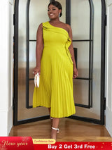 AOMEI One Shoulder Light Green Pleated Dresses Midi