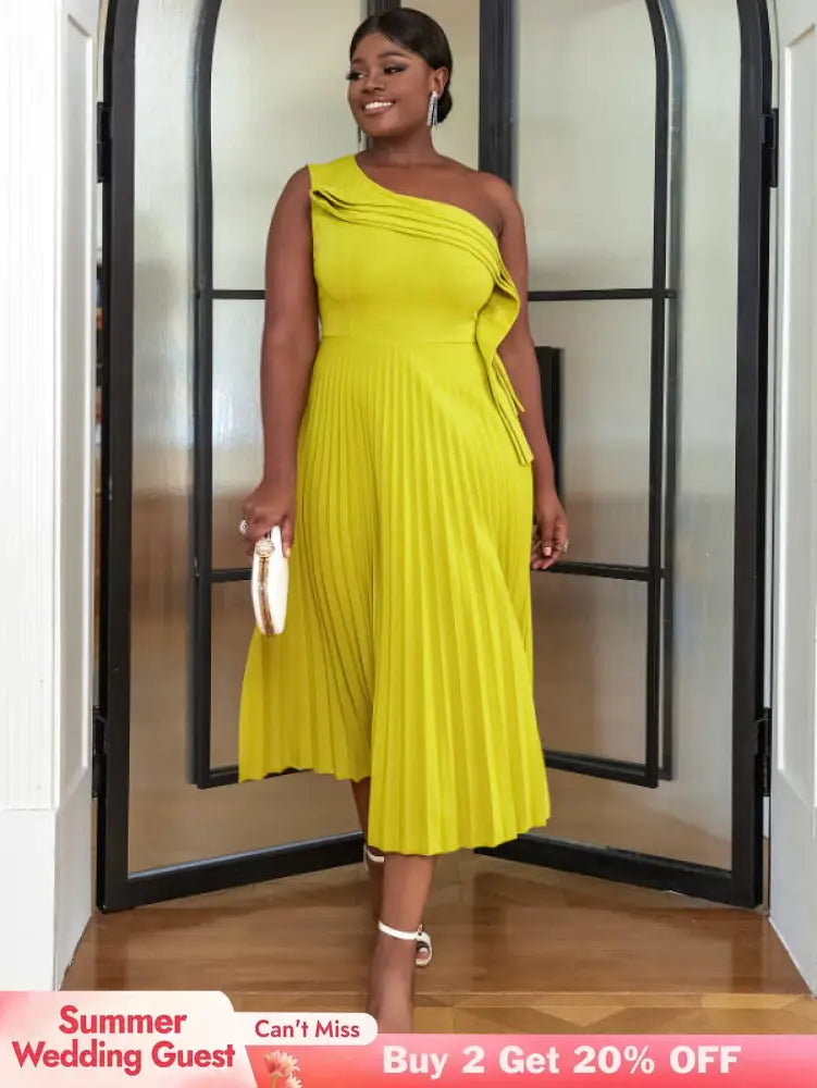 AOMEI One Shoulder Light Green Pleated Dresses Midi