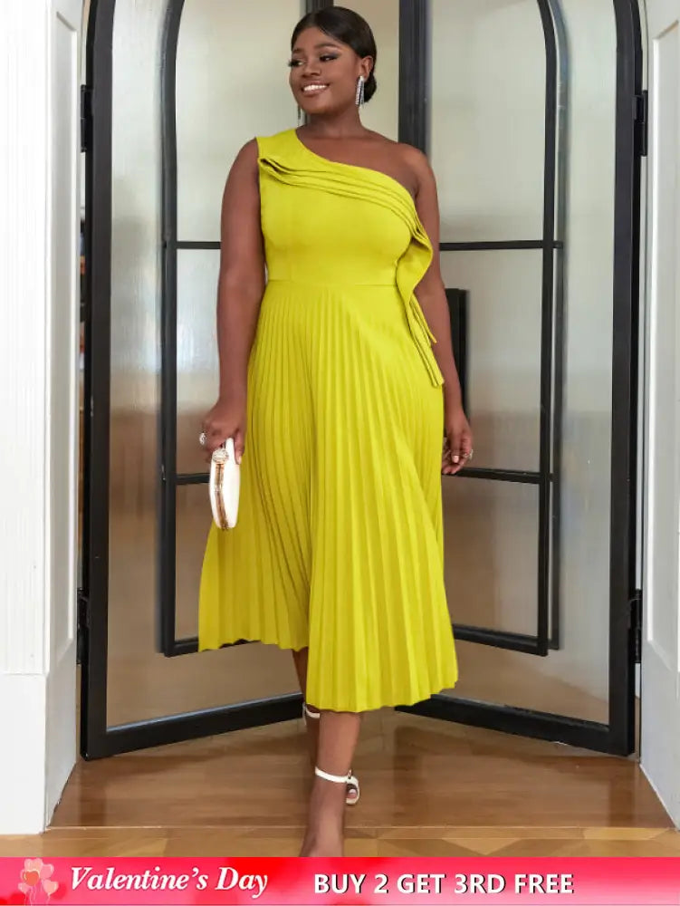 AOMEI One Shoulder Light Green Pleated Dresses Midi